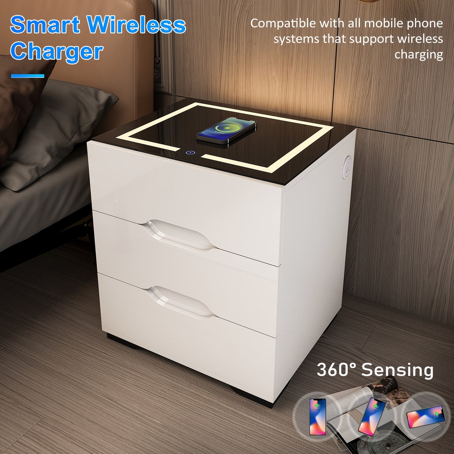 Nightstands Wireless Charging Station and LED Lights, Modern End Side Table with 3 Drawer Storage