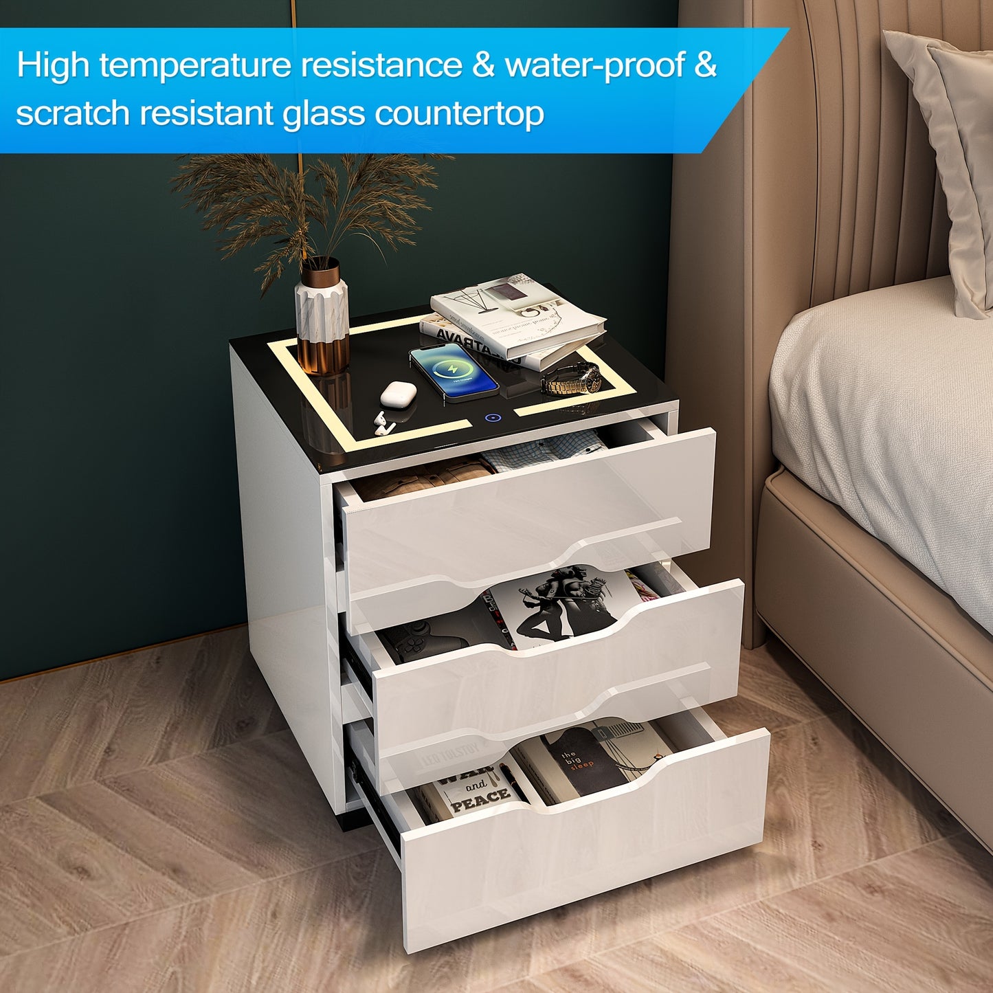 Nightstands Wireless Charging Station and LED Lights, Modern End Side Table with 3 Drawer Storage