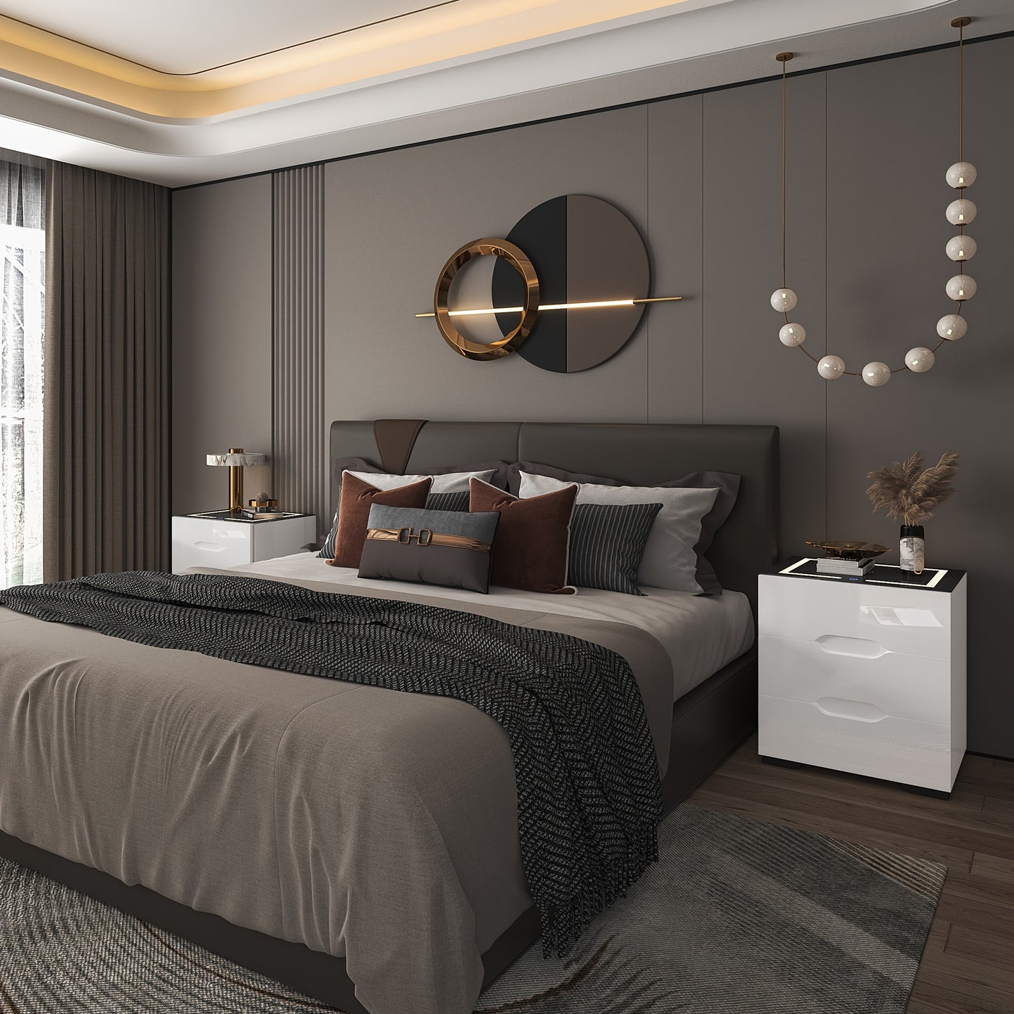 Nightstands Wireless Charging Station and LED Lights, Modern End Side Table with 3 Drawer Storage
