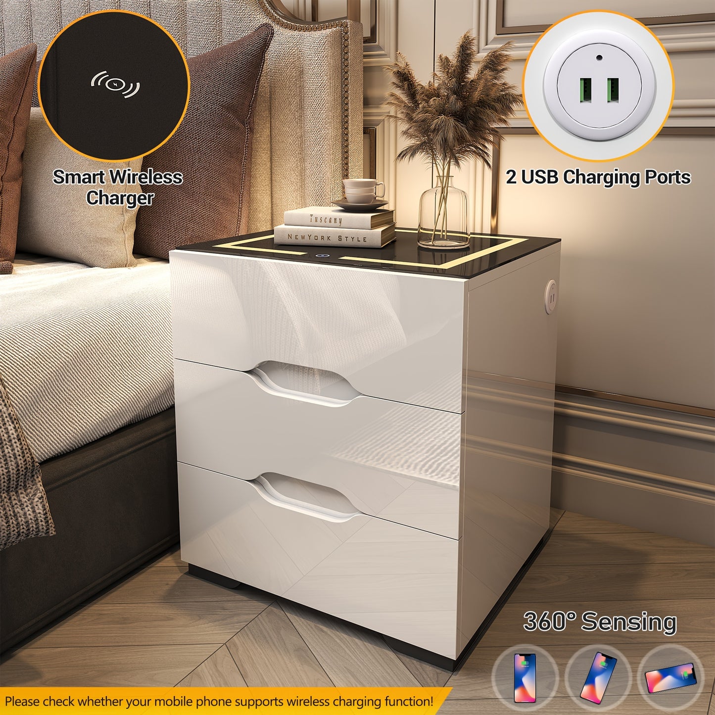 Nightstands Wireless Charging Station and LED Lights, Modern End Side Table with 3 Drawer Storage